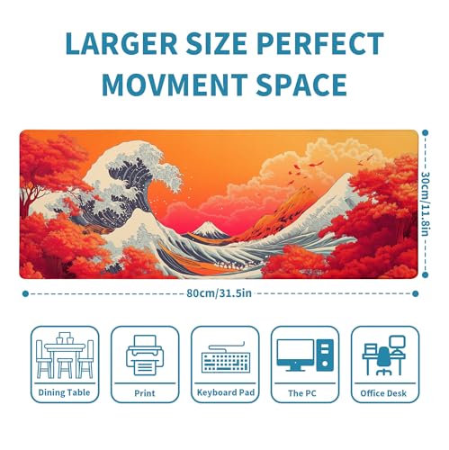 Japanese Sea Wave Mouse Pad Red Desk Mat XL Mouse Gaming Pads, Sea Keyboard Pads Extra Large Desktop Computer Mats with Non-Slip Base & Stitched Edges, Vintage Office Decor 31.5x11.8 - color: Japanese Sea Wave