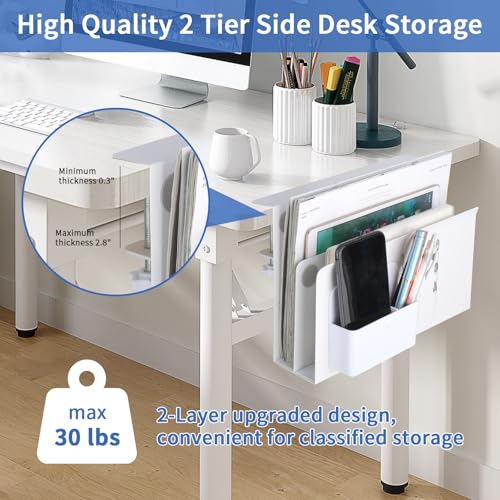 LUKETURE Desk Side Storage, 2 Tier Under Desk Laptop Mount with Pen Slot | Sturdy Steel Double Tier Strong, Magnetic Pen Holder, No Drill Clamp for Standing Desk Organizer, Fits 0.3-2.8" (White) - color: White, size: L(2 Tier)