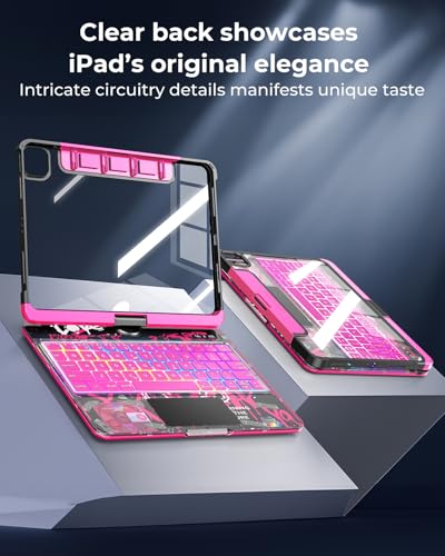 TSQQST Clear Wireless Keyboard Case for iPad Pro 11 Inch (M5/M4) 2025/2024 with Pencil Holder & Multi-Touch Trackpad, Visible PCB, 3-Brightness & 7-Color Backlight, 360° Rotating Stand, Pink