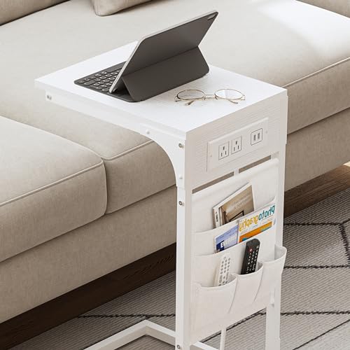 TUTOTAK C Shaped End Table with Charging Station, Side Table for Sofa, Couch Table with Storage Bag, Set of 2, TV Tray Table with 2 USB Ports and Outlets for Living Room, Bedroom, White TB01BW0242 - color: White, size: 2 Pack (11.8"W), style: With Plug