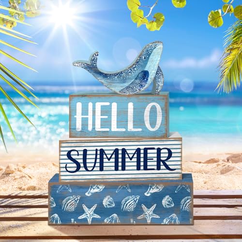 Britimes 4 Pcs Summer Wooden Tiered Tray Decor Set, Ocean Whale Table Decor Rustic Farmhouse Coastal Wood Coffee Table Centerpieces for Home Kitchen Office Decorations (Sea Style) - style: Sea