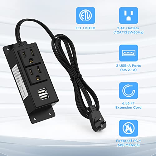 Kungfuking Surge Protector Power Strip Flat Plug Desk Power Grommet Conference Wall Mount USB Outlet Power Socket 2-Socket & 2-USB Ports 6.56 FT Extension Cord (Black) - color: Black-2AC+2USB
