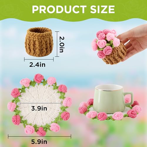 Flower Crochet Coasters, Handmade Bouquet Blanket Coaster with Crochet Plant Pot Fun Soft Decorative Drink Coasters for Coffee Tabletop Protection and Home Decor (Cherry Blossom Pink, 1Pc) - color: Cherry Blossom Pink, size: 1Pc