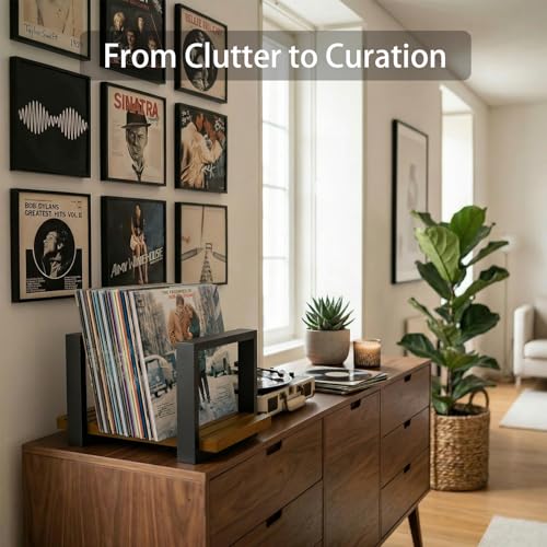 Vinyl Record Holder, Adjustable LP Storage Rack for Up to 57 Single Records, Wooden Record Organizer with Grooved Base, Mid Century Modern Record Display Stand - Tool-Free Assembly - color: Light Brown
