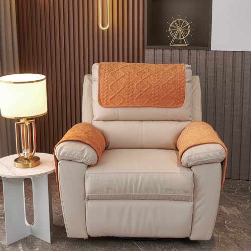 vctops 4 Pieces Chenille Plush Recliner Armrest Cover Headrest Cover with Pockets Soft Fuzzy Non Slip 2 Armchair Slipcovers and 2 Headrest Protector for Recliner Leather Sofa Couch(Orange,2 Seat) - color: Orange, size: 2 Persons Set of 4