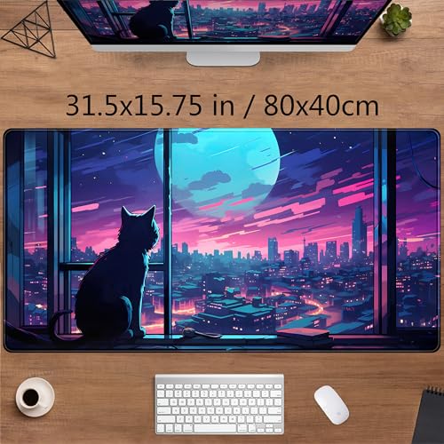 Cool Purple Kawaii Anime Moom Cat Desk Mat XXL Large Gaming Mouse Pad, Cute City Cats Desk Pad for Gamer Girl Women Office Desk Decor Mousepad, Computer Laptop Keyboard and Mouse Mat 31.5x15.75 in - color: Kawaii Moom Cat
