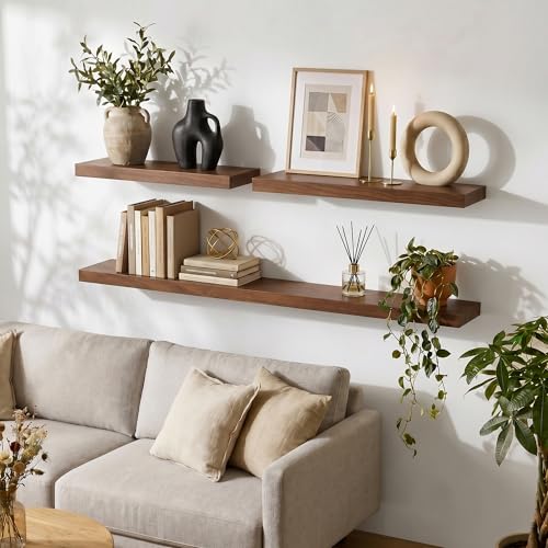 fuqing Wood Floating Shelves | 24 Inch Floating Shelves for Wall Set of 2 | 24" W x 6.7" D x 1.4" H Rustic Walnut Shelves for Bathroom Living Room Bedroom Kitchen - color: Walnut, size: 24 Inch-UP