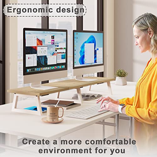 TEAMIX 42 inch Large Dual Monitor Riser, Desk Organizer Stand for TV Laptop | Extra Long Stand for 2 Monitors, Wood & Metal TV Riser, Holds 300lbs, Keyboard & PS5 Storage, For Home Office & Gaming - color: Maple