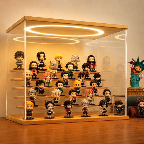 Acrylic Display Case with Adjustable LED Light, 6 L Tier Clear Display Box Dustproof Showcase for Action Figures, Collectibles and Mini Toys, Assembly Display Cabinet(Wood 19.7*12.6*16.5in) - color: Wood, size: 6 Tier 19.7×12.5×16.5in
