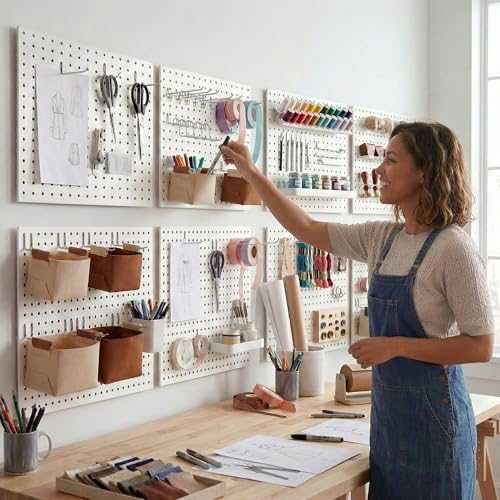 Spampur Peg Board, 8 Pack Metal PegBoard Organizer with Accessories, White Pegboard Panels with 50 Pcs Hooks and Baskets, Wall Organizer for Office, Craft Room Organization, Garage, Sewing Room - color: White, size: 16x12''- 8 Pcs