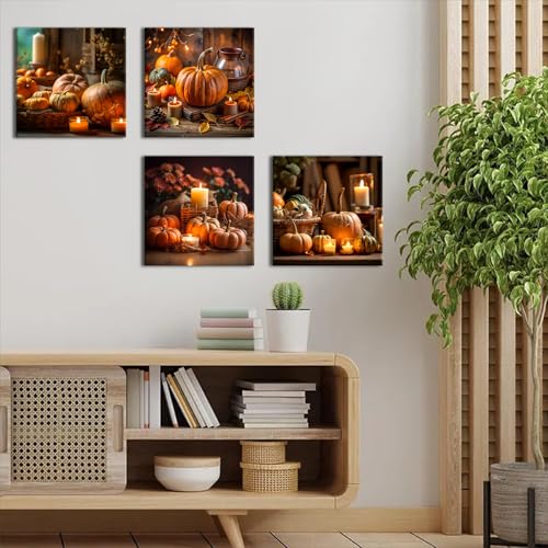 Fall Pumpkin Wall Art Farmhouse Kitchen Decor Rustic Halloween Canvas Prints Pictures for Dining Room Autumn Harvest Themed Paintings Thanksgiving Artwork for Living Room Home Decorations 12x12" 4Pcs - color: Fall Pumpkin, size: 12 x 12 in