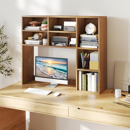 Giantex Desktop Bookshelf, Desk Hutch Dorm w/ 7 Cubes & 3 Adjustable Shelves, Desk Shelf for Up to 27" Computer Monitors, Wooden Desktop Storage Organizer for Dorm College Office Homem, Natural - color: Natural, size: 7 Shelves (31"H)