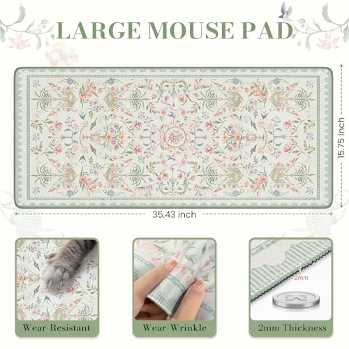 iCasso Desk Cover Mat Green,Extra Large Mouse Pad for Desktop,Anti-Slip Keyboard Pad with Stitched Edges,Cute Floral Computer Mat for Women,Aesthetic Desk Protector for Office Home Dorm - color: Palace Flowers-green