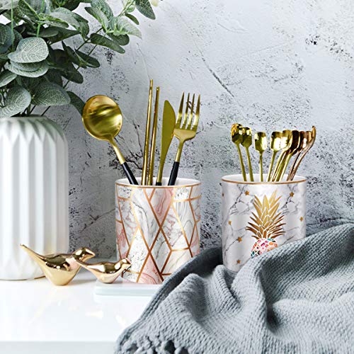 Cute Pen Holder for Desk, Ceramic Pencil Organizer, Makeup Brush Holder, Office Decor and Desk Accessories Durable Ceramic, Pineapple Pattern - color: Pink Pineapple