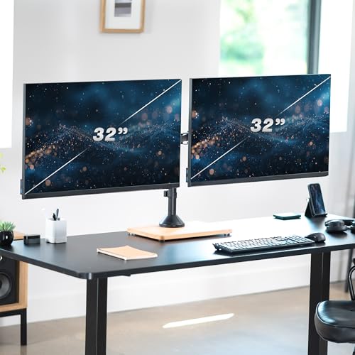 VIVO Freestanding Dual Monitor Stand with Solid Wood Base and Adjustable Arms, Mounts 2 Screens up to 32 inch and 22 lbs Each, Black, STAND-V002FD-B - color: Black/Wood, size: 13" to 32" Screens