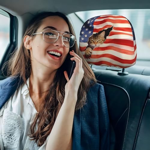 2 Pack Headrest Covers American Flag Head Seat Cover Accessories Funny Cat Pattern for Animal Lover - color: American Flag Red