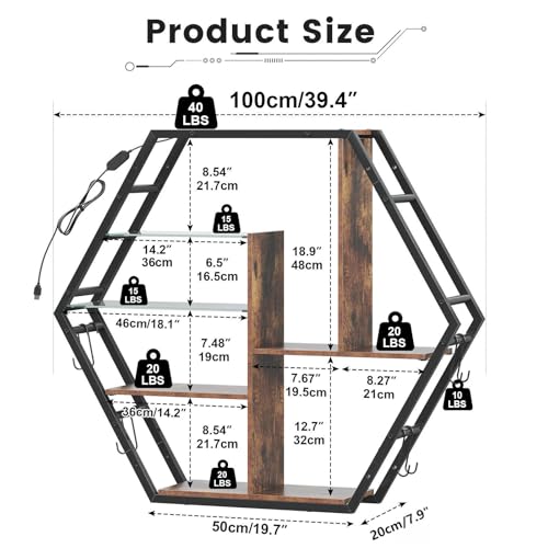 Saudism Floating Shelves with Lights, Led Shelves for Wall, Gaming Room Decor Display Shelf, Lighted Bar Shelves, Extra Hanging Hooks Storage, Sturdy Fast Assembly Great Weight Capacity-Rustic Brown - color: Rustic Brown