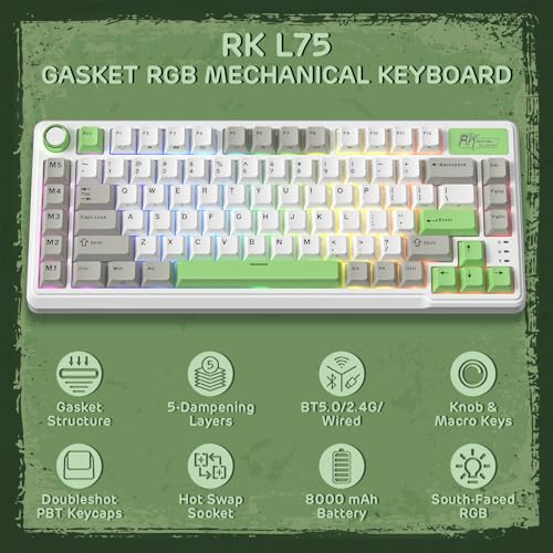 RK ROYAL KLUDGE L75 Gasket Mount Mechanical Keyboard w/Knob/Macro Keys & Touchable Nameplate, Tri-Mode 75% TKL Wireless Keyboard BT/2.4G/USB-C, Hot Swappable, Pro Software, Massive 8000mAh Battery - color: Lemon Green, size: Tactile Beige Switch