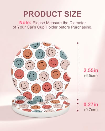 Swooflia Car Coasters for Women - Colorful Smiley Face Ceramic Car Cupholder Coaster Absorbent Mat Coaster with Cork Base 2 Pack 2.55 inch Automotive Cup Holder Accessories New Driver Gifts for Decor - color: Smiley Face