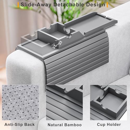 Bestjing Bamboo Couch Armrest Table, Sofa Arm Tray with Detachable Couch Cup Holder- 2 in 1 Anti-Slip Foldable Sofa Armchair Caddy Table for Drinks Cellphone TV Remote Snacks (Gray) - color: Gray, size: 16.3" x 13.3" x 2"