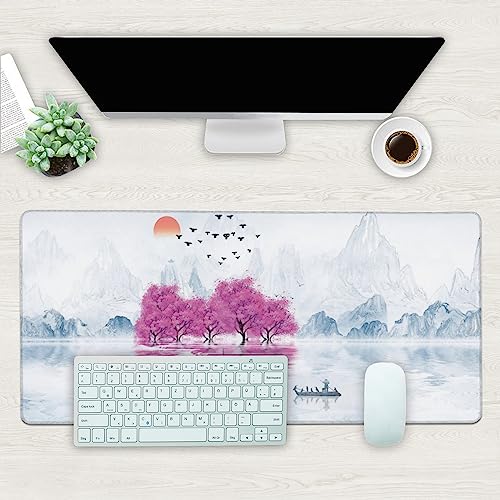 Desk Mat, Cherry Blossom Tree Oil Ink Painting Extended Gaming Mouse Pad Large, 35.4"x15.7" Big Mouse Pad with Non-Slip Base and Stitched Edge, Long Computer Keyboard Mouse Mat for Home Office Work - color: Cherry Blossom Tree Oil Ink Painting, size: 15.7