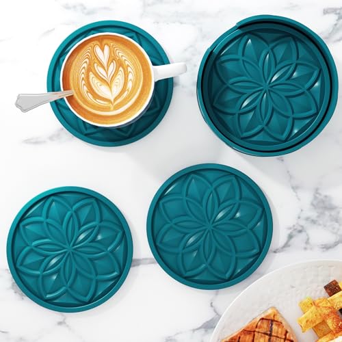 HFHOME Silicone Coasters Set with Holder - 6 Pack Drink Coasters for Coffee Table, Bar, Desk - Tabletop Protection Gift - Blue - color: Peacock Blue