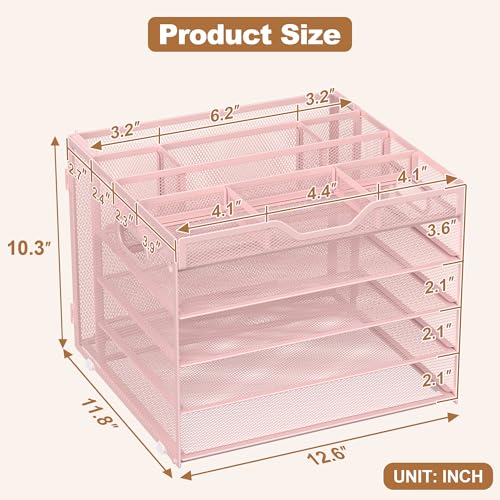 Docnest 5 Tier Letter Tray with Hanging File Organizer-Mesh Desk Organizer-Desktop Storage Box Built in Pen Holder and Handles, File Folder Holder for Mail Documents Office Supplies-Pink - color: 5 Tier Hanging File Organizer-pink