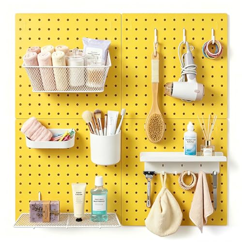 Pegboard Wall Organizer, 4 x11” x 11” ABS Peg Board Wall Organizer with Hooks, Shelves & Baskets, Drill or Adhesive Mount, 110 lbs Heavy Duty Wall Storage for Kitchen, Garage, Bathroom (Yellow) - color: Yellow