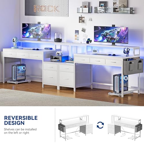 REAHOME 61 Inch Gaming Desk with Charging Station and LED Lights, Reversible Computer Desk with Storage Drawer and Monitor Stand, Modern Desk Table with File Cabinet & Side Pocket, Carbon Fiber White - color: Carbon Fiber White