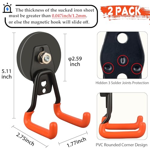 ULIBERMAGNET New Upgraded Heavy Duty Magnetic Garage Hooks,2 Pack Strong Large Magnet Hooks for Power Drill,Garden Tools,Hose,Pegboard,Garage, Workshop,Magnetic Storage Hook for Hanging(Orange) - style: V1 PRO 2.59" Medium L Orange 2PC