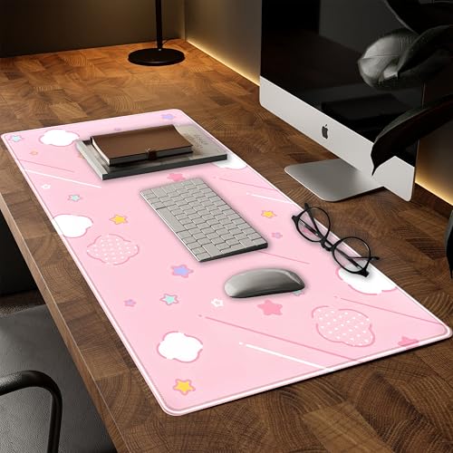 Pink Mouse Pad Large Desk Mat Gaming, Kawaii Desk Pads Stars Mouse Mat XXL Cute Keyboard Pad, Laptop Computer Mat with Non-Slip Base & Stitched Edges, Office Decor for Women 31.5" x 15.7" - color: Pastel Star Grid