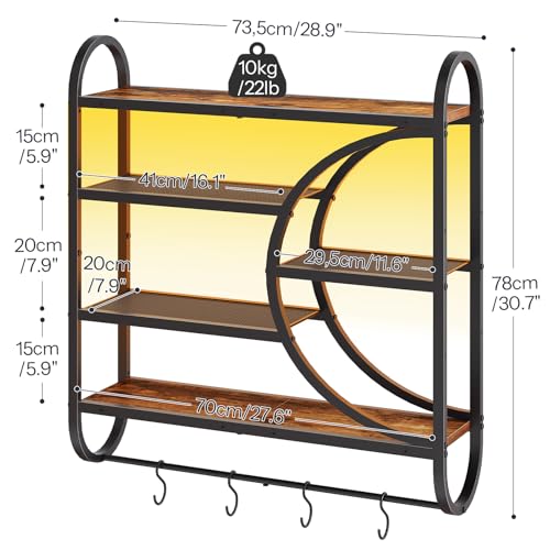 HOOBRO Gaming Floating Shelf with LED Lights, 28.9" LED Wall Mounted Shelf, 5-Tier Display Rack for Wall Storage, Floating Rack with Hanging Rod and 4 S-Hooks, Rustic Brown and Black BF50DBJ01 - color: Rustic Brown + Black