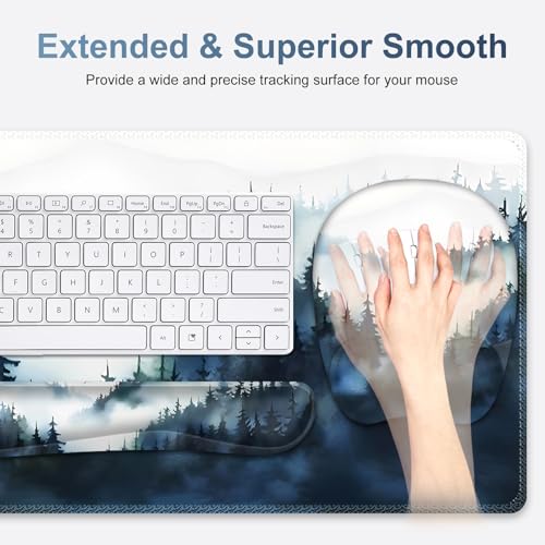 Large Mouse Pad, Keyboard Wrist Rest Set, Ergonomic Mouse Pad with Wrist Support, Desk Mat with Stitched Edges + Coaster, Extended Desk Pad Waterproof Desk Mat for Home Office Game I Misty Forest - color: Misty Forest
