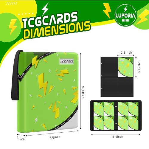 Trading Card Binder 4 Pocket,400 Pocket Card Collection Binder with 50 Removable Sleeves,PU Waterproof Top Card Book,3-Ring Zipper Collectible Trading Card Album for MTG/TCG/Card Holder Gift(Green) - color: Green, size: Small