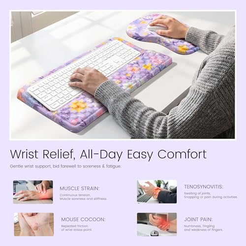 Ospelelf Keyboard Wrist Rest and Mouse Pad Set, Ergonomic Memory Foam Wrist Support, Aesthetic Desk Accessories for Office, Home & Gaming, Relief for Carpal Tunnel & Wrist Pain, Purple Floral - color: Purple Flower