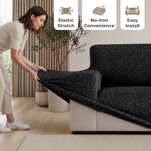 Premium Stretch Couch Covers for Sofa - Sofa Chair Cover Washable, Dogs & Pets Friendly - Elastic Polyester Loveseat Slipcovers - Non-Slip Love Seat Couch Covers - Black (64"-85" Wide) - color: Black, size: 64"-85" Wide