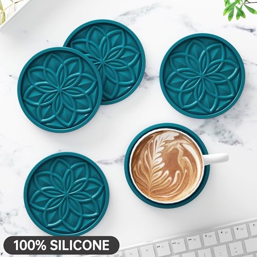 HFHOME Silicone Coasters Set, 4 Pcs Drink Coasters for Coffee Table, Bar Tabletop Protection - Peacock Blue - color: Peacock Blue - 4pcs