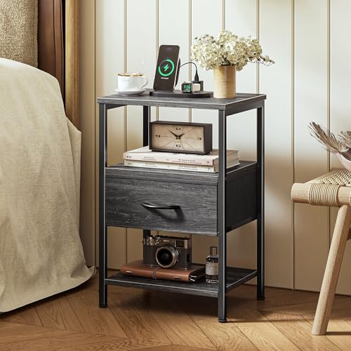 SUPERJARE Nightstand with Charging Station, Bed Side Table with Adjustable Fabric Drawer, Night Stand for Bedroom, 3-Tier Storage End Table, for Living Room, Charcoal Black Wood Grain Print - color: Charcoal Black Wood Grain Print, size: M (11.8"D x 15.7"
