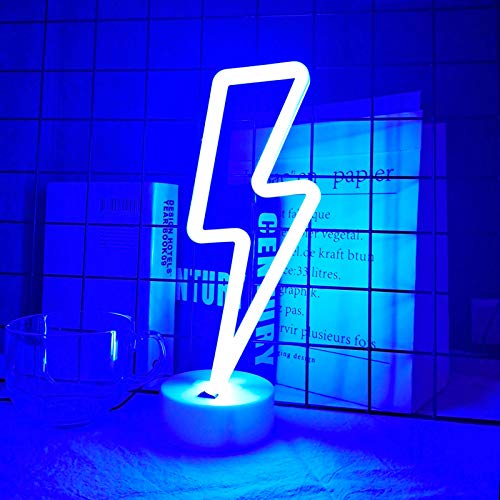 Lightning Bolt Neon Signs Lightning Neon Sign with Base for Bedroom LED Lighting for Room Decor for Teen Girls Gifts for Teenager Boys USB/Battery Cool Gaming Light with Holder(Blue) - color: Blue