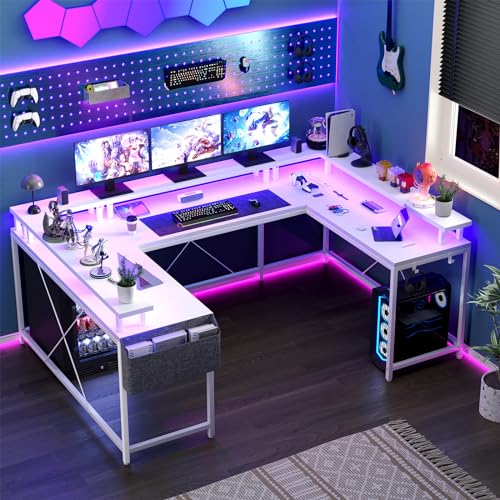 U Shaped Desk with Power Outlet & LED Lights, 79" Reversible Computer Desk with Monitor Stand, Wood Home Office Desks Gaming Desk with Shelving, Side Storage Pockets, White - color: White