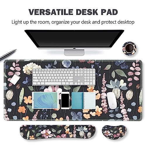 ARTSO Gaming Mouse Pad Wrist Support Set, XXL Large Desk Mat Mousepad + Keyboard Wrist Support+ Mouse Wrist Rest+Coaster 4in1 Ergonomic, Memory Foam, Stitched Edge for Home Office -Flowers Plants - color: Flowers Plants