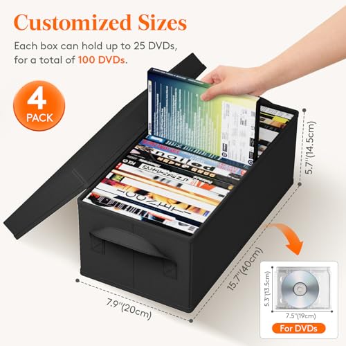 Lifewit DVD Storage Box, Stackable DVD Case Holder Organizer, Foldable DVDs Container with Lid, Handles, Media Organizer Bin 15.7" L x 7.9" W x 5.7" H Holds up to 100 PCS DVDs (25 Each), 4 Pack - size: For DVD(15.7"L x 7.9"W x 5.7"H)