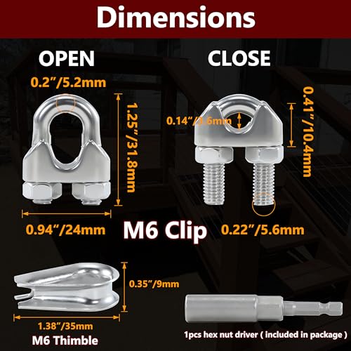 10Pcs M6 1/4 Inches Stainless Steel Wire Rope Clips Cable Clamp,5PCS Thimbles - size: 10 M6 Clips,5 Thimbles,1 Nut Driver
