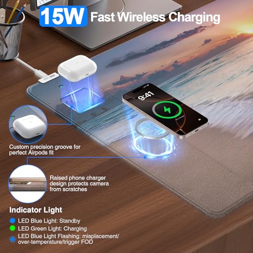Wireless Charging Mouse Pad, 31.5"x15.8" Large Gaming Desk Mat for Keyboard/Laptop, Waterproof Ultra-Smooth Surface, Non-Slip Base, with 20W PD Adapter, Beach Sunset - color: Sunset Beach-31.5"x15.8"(with Wall Charger)