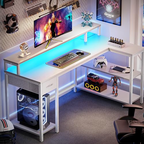 SUPERJARE 53 inch Reversible L Shaped Desk with LED Lights & Power Outlets, Computer Desk with Shelves & Monitor Stand, Gaming Desk with Drawer, Home Office Desk Corner Desk, PU White Drawer - color: Pu White, size: 53 inch