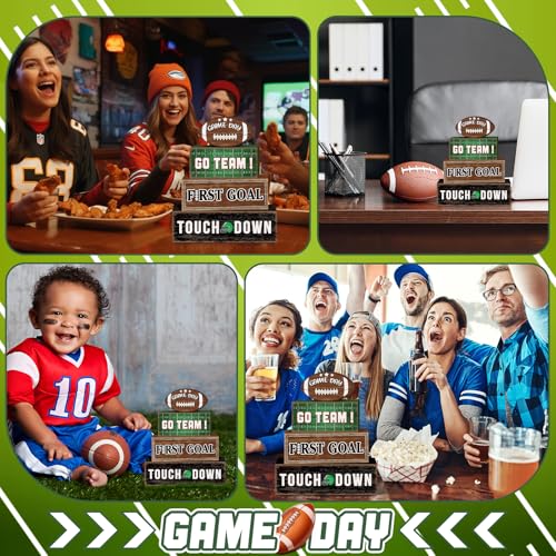 Britimes 4 Pcs Game Day Football Tiered Tray Decorations Set Touchdown Stack Block Signs Go Team First Goal Rustic Tabletop Decor for Table & Home Office (Game Day)