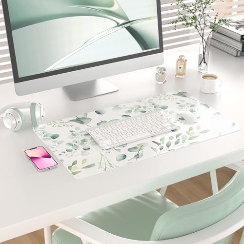 Colorful Star Large Mouse Pad, PU Leather Waterproof Desk Mat, Computer Gaming Mouse Pad, XXL Full Table Mousepad Non Slip Desk Pad for School Office Home 23.6" x 13.8" - Fresh Eucalyptus Leaves - color: Fresh Eucalyptus, size: 23.6L x 13.8W inches