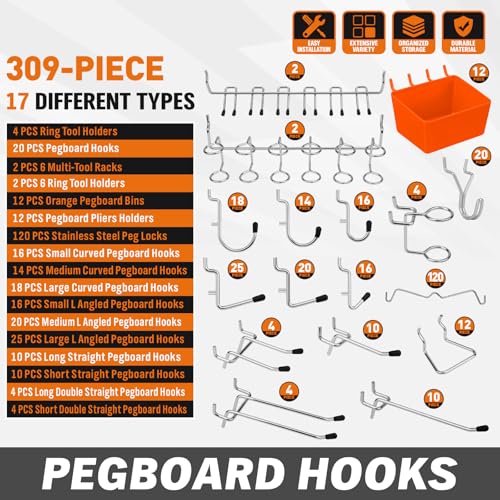 HORUSDY 309 PCS Pegboard Hooks Assortment Kit – 17 Types Heavy Duty Peg Board Hooks & Organizer Accessories – Fits 1/8 & 1/4 Inch Pegboard Durable Metal Wall Hooks for Garage Kitchen Workshop - style: 309PCS