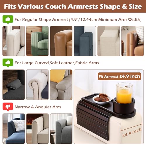 Couch Cup Holder Tray, 15.75" Bamboo Cup Holder for Couch, 3 in 1 Foldable Arm Chair Clip on Side Tray Table for Remote Snack Table on Armrest - color: Black Walnut