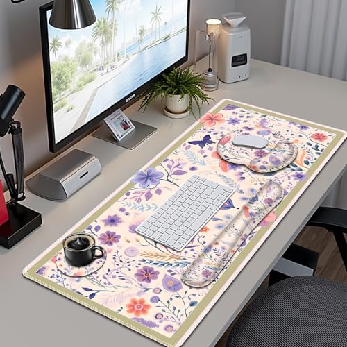 Cute Desk Mat, 4in1 Large Mouse Pad with Wrist Rest, Desk Matt for Desktop, Deskpad Mat, Anti-Slip XXL Computer Ergonomic Mousepad with Wrist Support for Keyboard and Mouse I Retro Purple Floral - color: Retro Purple Floral
